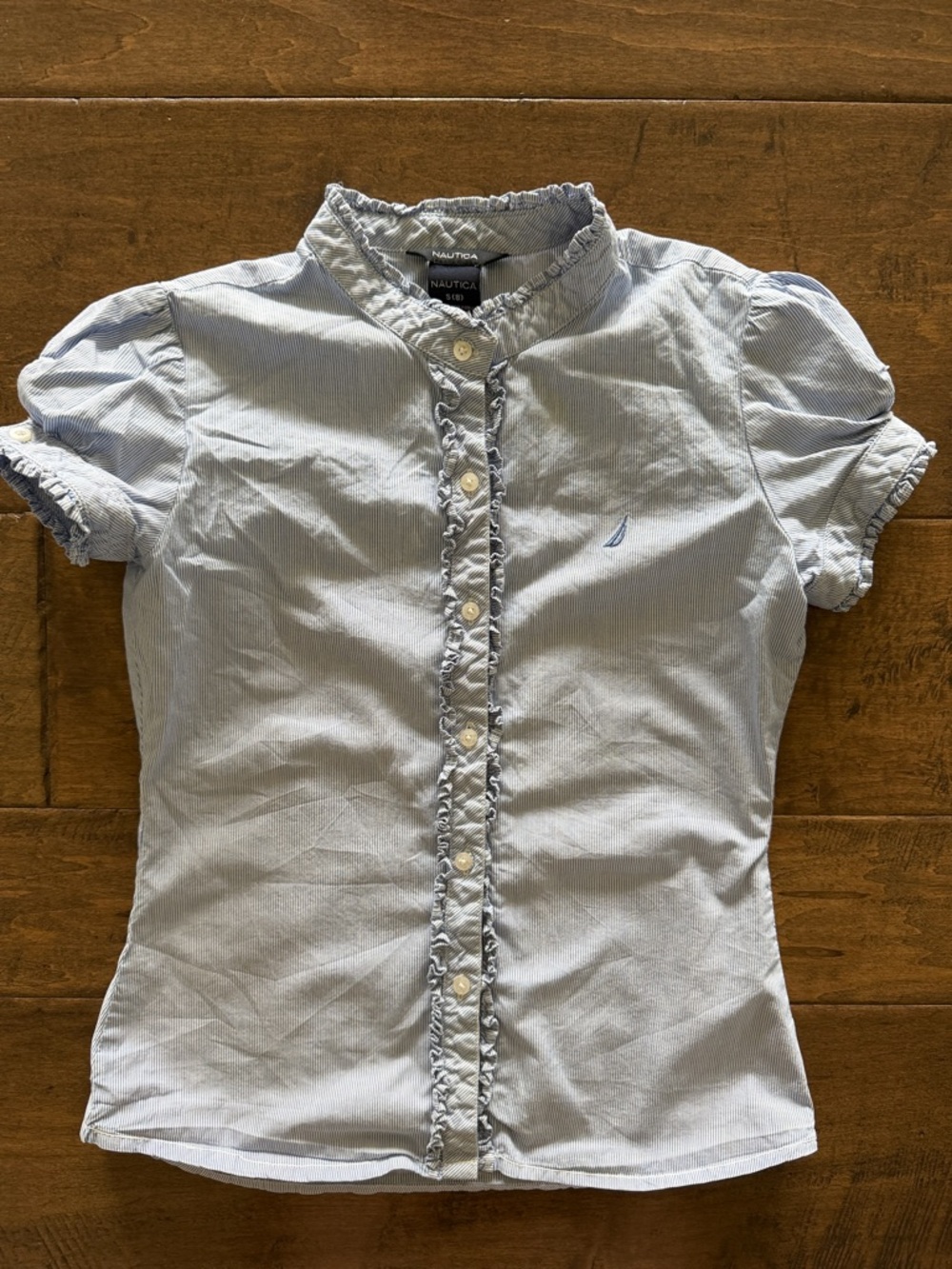 Nautica Pale Blue Ruffle-Trim Short Sleeve Button-Up
